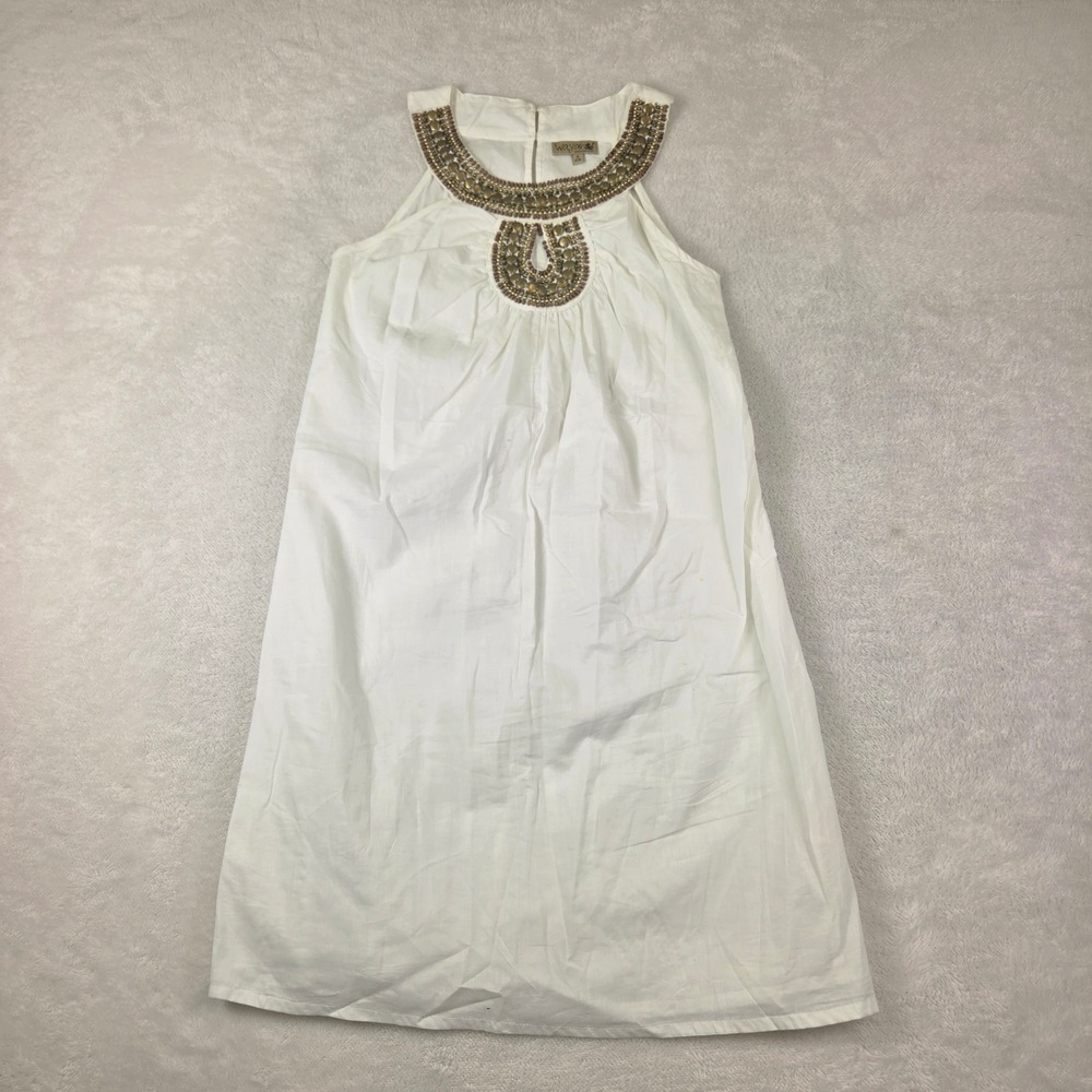 Wayan Natural Wear White Cotton Beaded Halter Shift Dress Womens Small Boho S CH